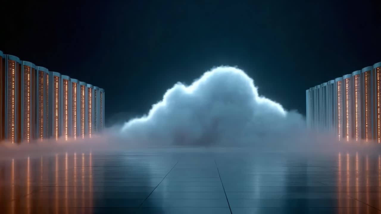 A Mysterious Cloud Formation Arises Between Two Rows of Illuminated Data Servers in a High-Tech Environment