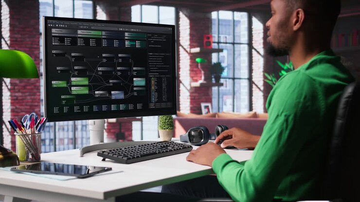 Vertical Video African american software developer does visual coding and creating software