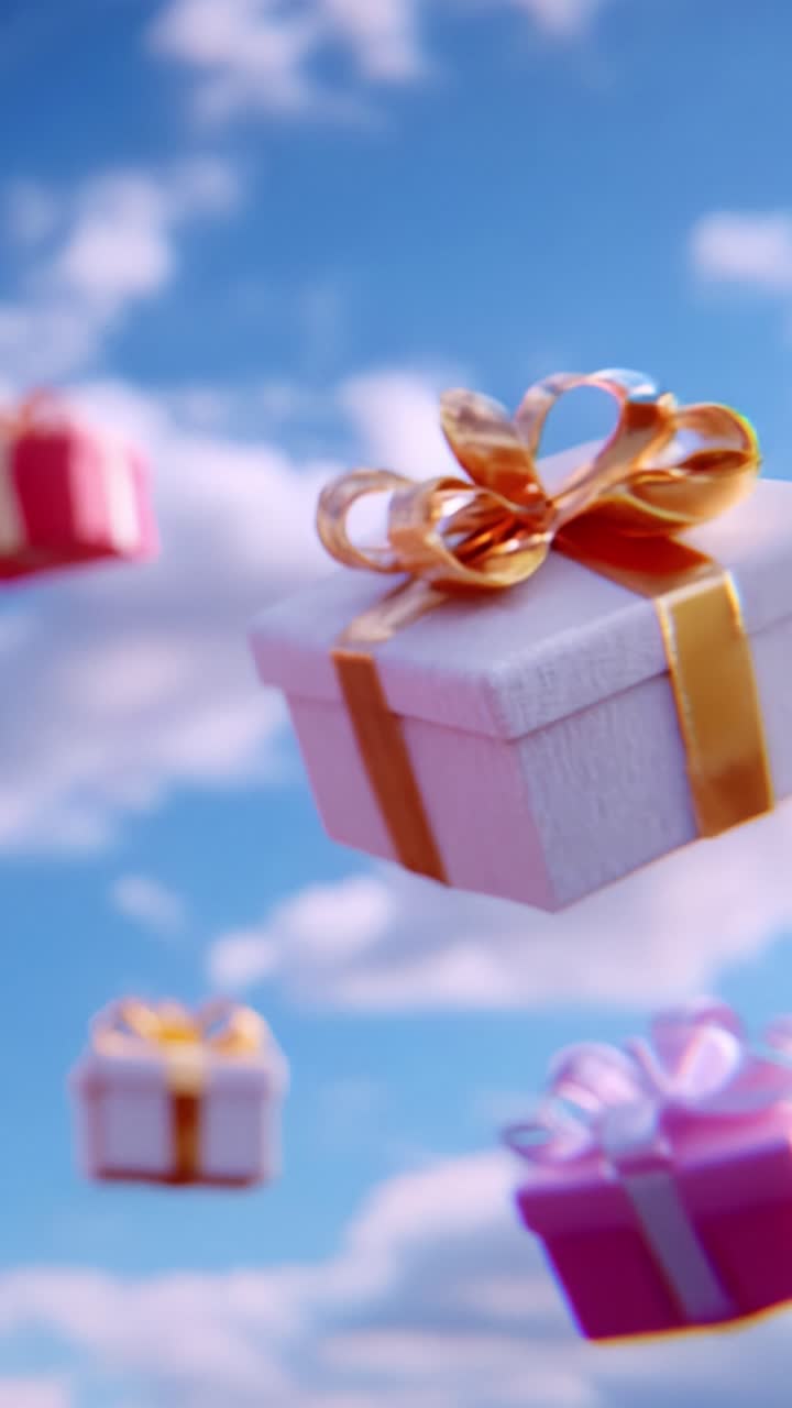 A Dreamy Scene of Floating Colorful Gift Boxes in a Bright Blue Sky with Fluffy White Clouds Presents an Enchanting Atmosphere, Evoking Feelings of Joy, Surprise, and Celebration for Any Occasion