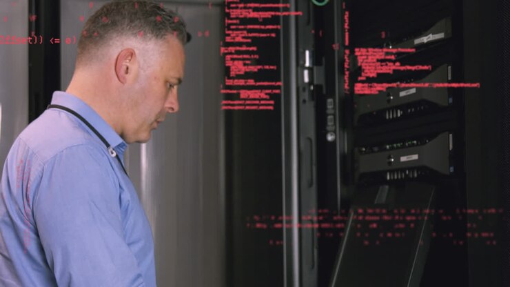 Animation der Datenverarbeitung über einem kaukasischen Mann, der einen Computer im Serverraum bedient