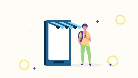 joven usando un personaje de teléfono inteligente