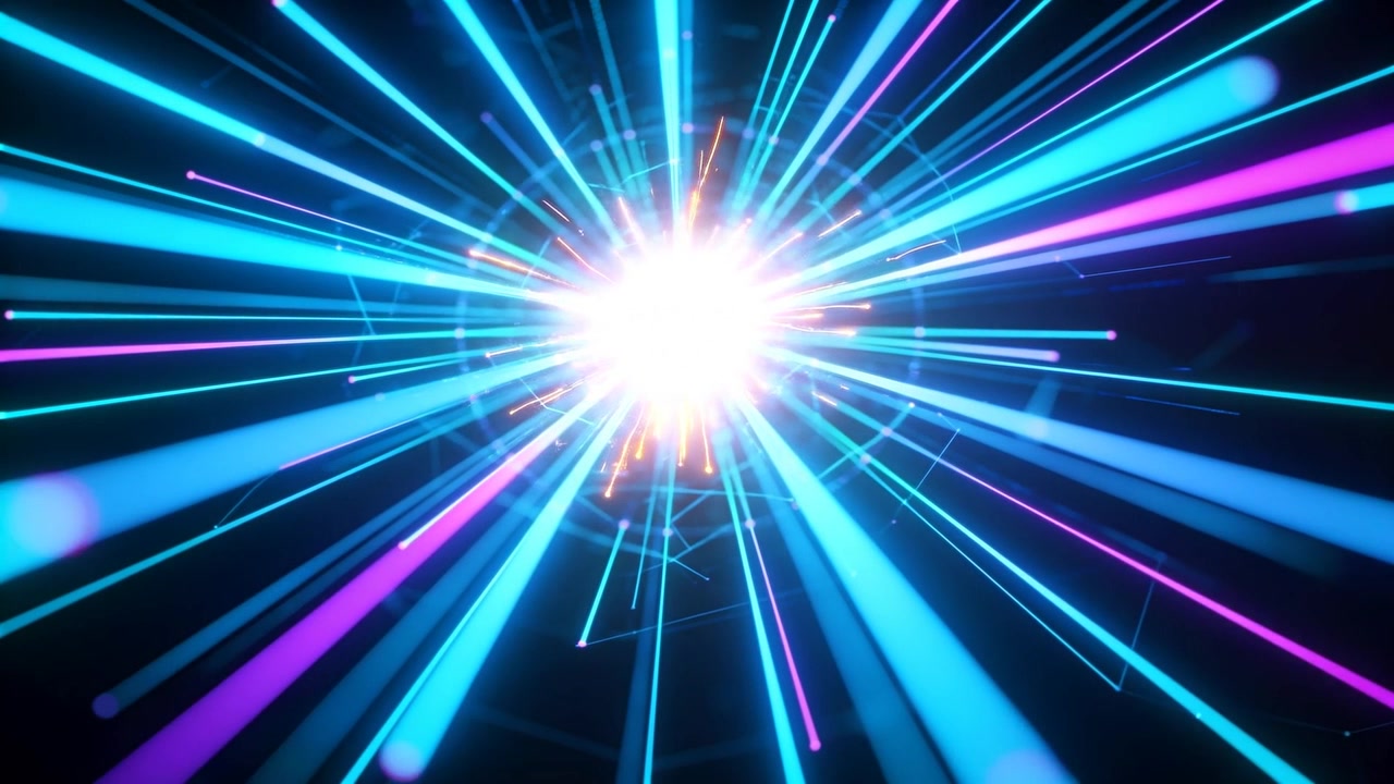 Emerging central white core sending cyan magenta beams outward in dark space, orange sparks moving
