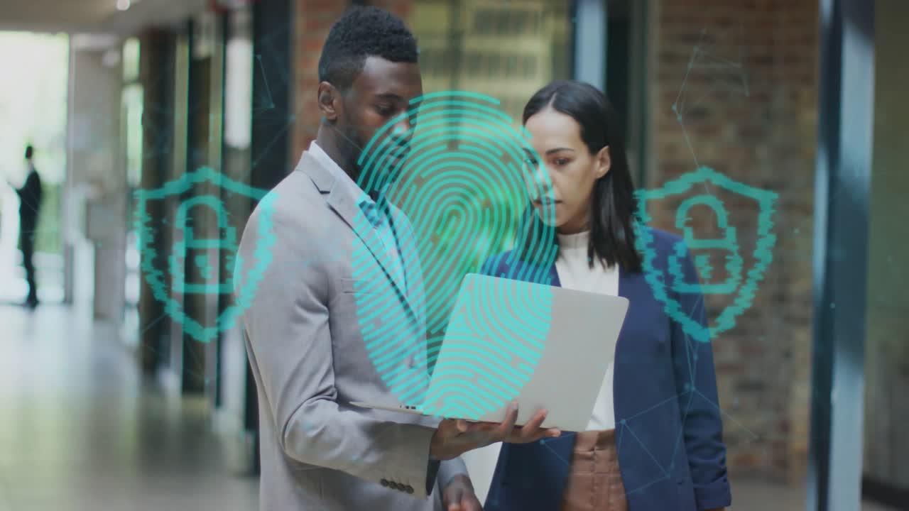 Man scrolling laptop causing fingerprint overlay and shield icons while woman confirming security