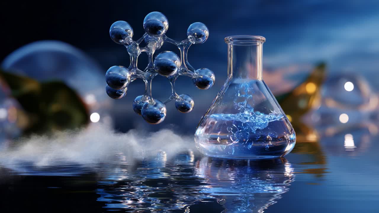 Exploring the Depths of Chemistry: An Artistic Representation of Molecular Structures and Laboratory Glassware Bathed in Enigmatic Reflections and Ethereal Atmosphere Unleashing Scientific Creativity
