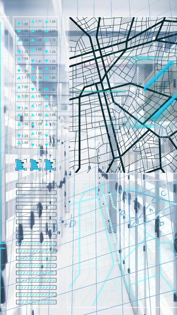 Animation of interface with data processing and mathematical equations against server room