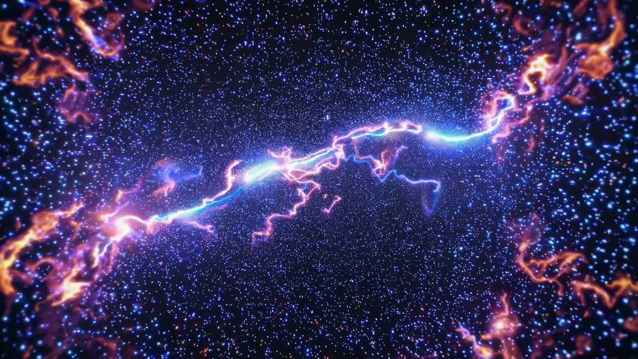 A cosmic video scene with a top-down angle, showcasing a vibrant, electric nebula with swirling