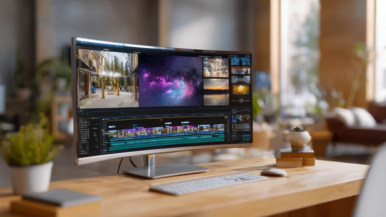 Uno straordinario spazio di lavoro moderno con un monitor curvo che mostra immagini dinamiche, perfetto per l'editing video e le attività creative in un ambiente contemporaneo