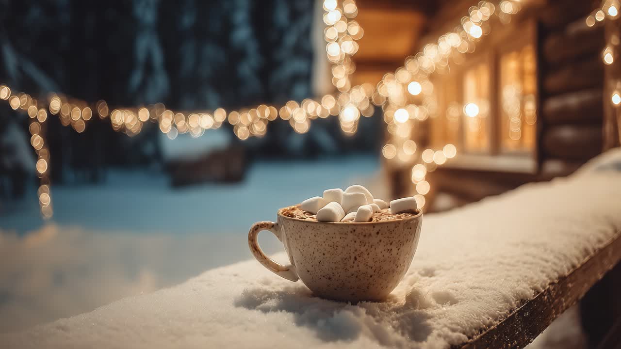 Cozy Winter Evening with Hot Cocoa and Marshmallows on a Snowy Porch Surrounded by Soft Glow of Twinkling Lights and a Tranquil Winter Landscape