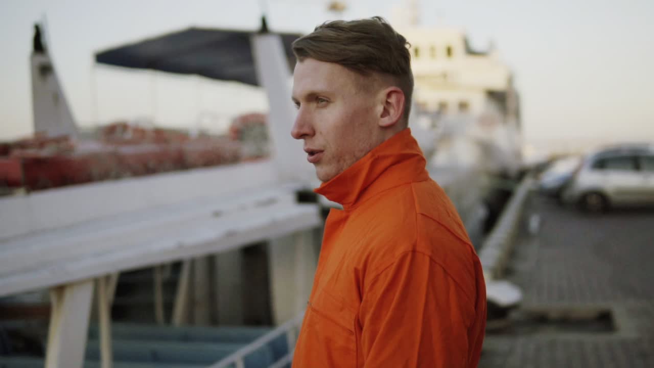 Harbor Worker in orange uniform smoking a cigarette during his break and relaxing. Slow Motion