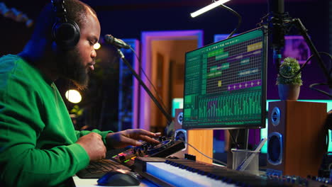 music technician with headset mixing and mastering his audio recordings