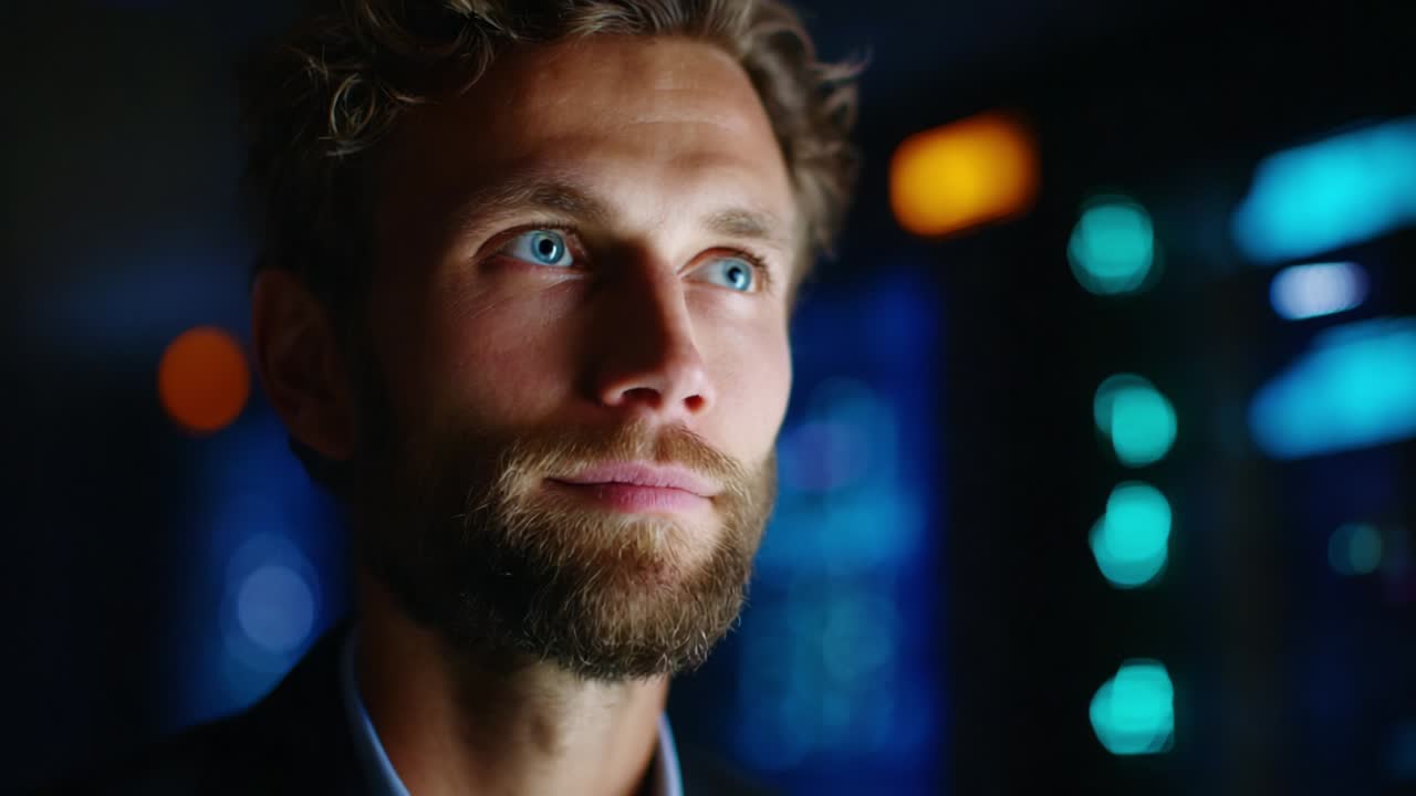 A contemplative man with striking blue eyes and a well-groomed beard gazes thoughtfully into the distance, set against a backdrop of soft, glowing lights emphasizing the depth of his expression