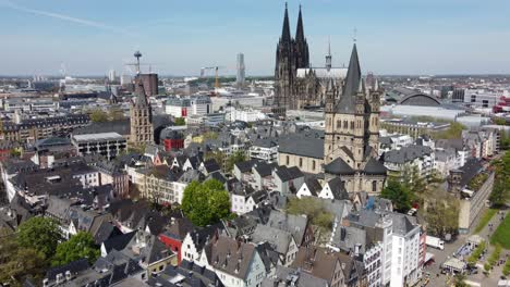 urban cityscape and german architectural identity of cologne skyline, aerial