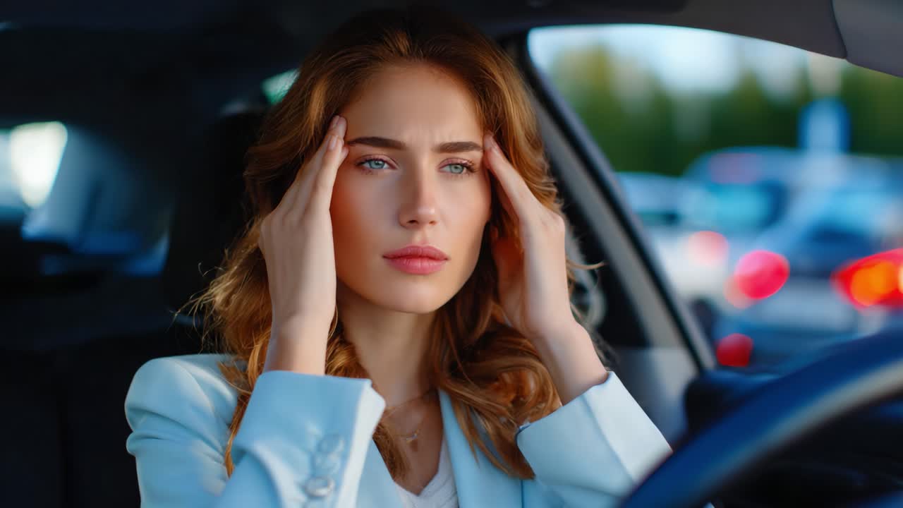 A Young Woman in a Car Shows Signs of Stress and Concern as She Holds Her Head with Both Hands, Portraying the Pressure and Strain of Everyday Life Alongside the Busy Urban Environment Around Her