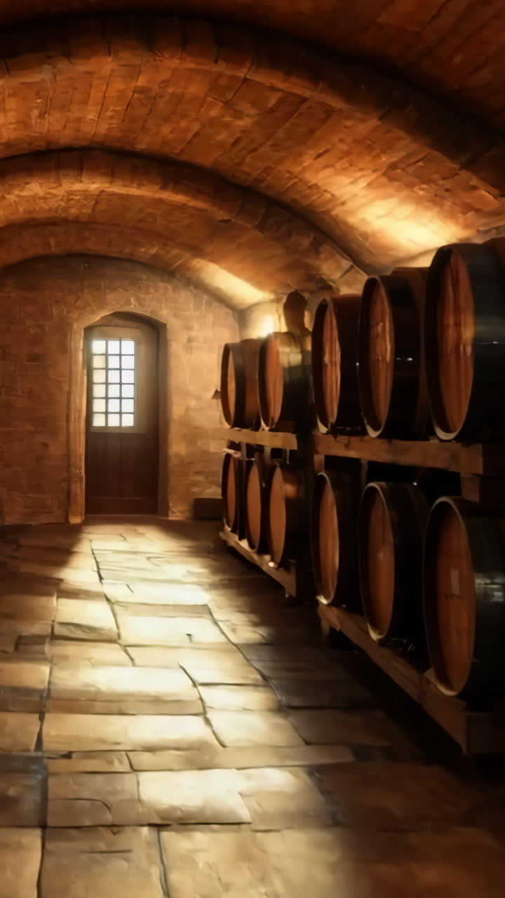 A long room with many barrels of wine. The barrels are stacked on top of each other and the room is dimly lit
