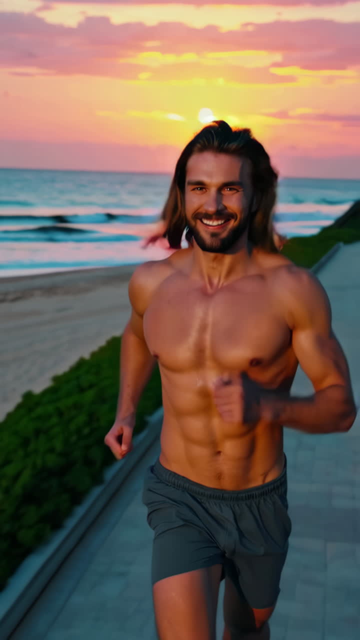 Uomo che corre su una spiaggia al tramonto