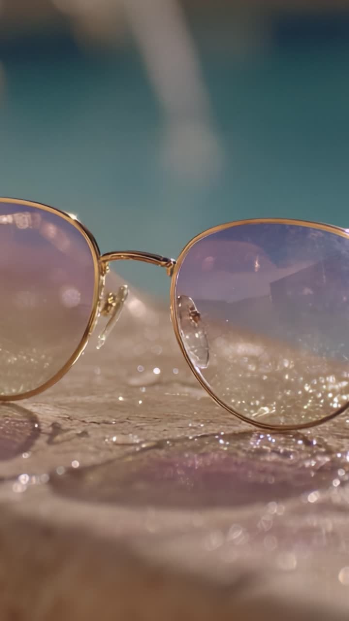 A Close-Up View of Stylish Sunglasses Glimmering in Sunlight with Water Reflections, Perfect for Summer Fashion and Outdoor Activities