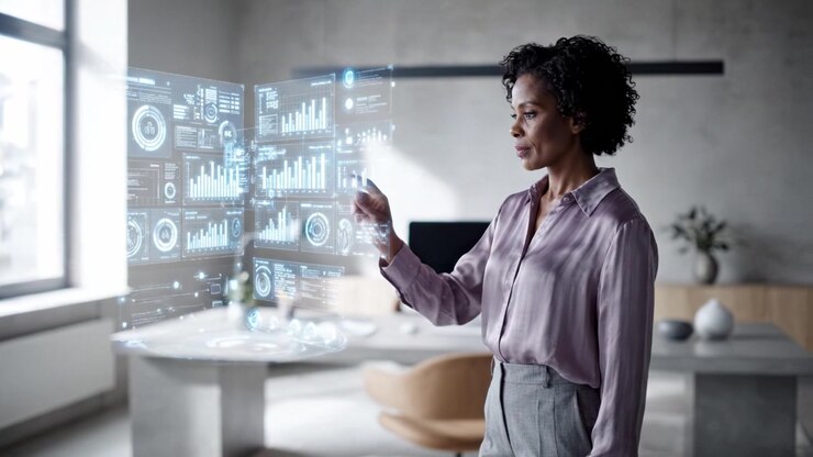 A professional woman engaged with advanced holographic technology in a modern office, seamlessly combining innovation and workspace efficiency to achieve her goals.