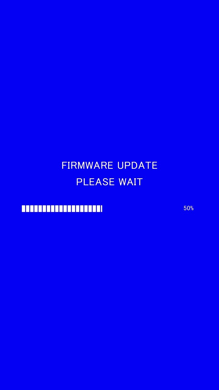 Vertical video of loading progress bar with on-screen text firmware update please wait on blue background