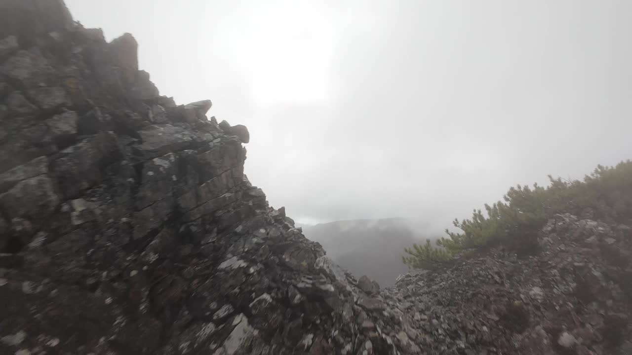 Enjoy an aerial drone tour through foggy mountains and lush greenery