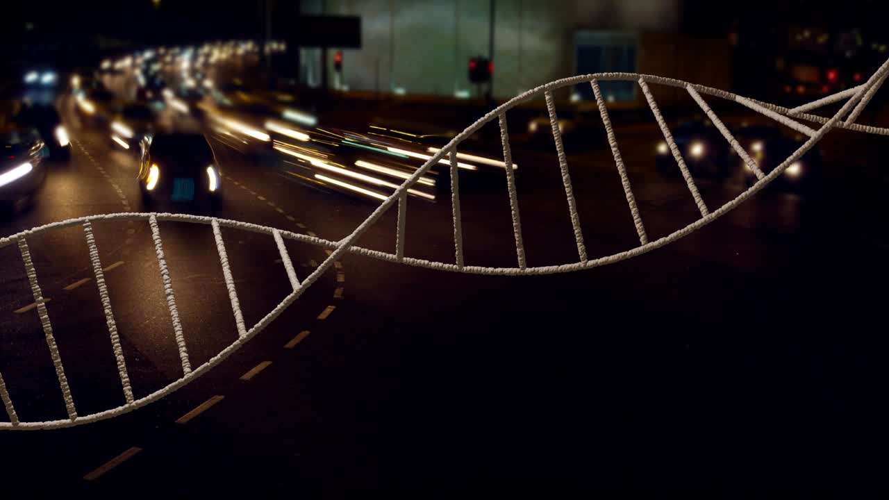 CGI helix entering left, moving to center, rotating and oscillating, creating contrast with lights
