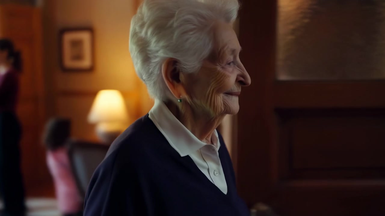 Vista posteriore di una donna anziana che si muove attraverso un accogliente soggiorno verso un gruppo familiare seduto, guardando indietro con un sorriso sottile, capelli bianchi corti, camicia con colletto, maglione scuro, luce diurna soffusa