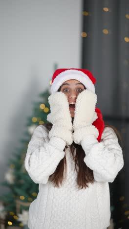 woman in a santa hat and white sweater