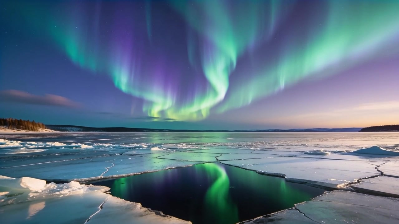Tanzende Nordlichter, die sich über einem gefrorenen See bewegen, wobei eine offene Wasserfläche die Lichter spiegelt und rissiges Eis den Rand bildet.