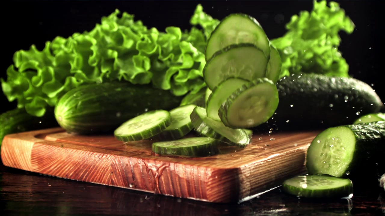 Fresh Cucumber Slices Falling onto a Wooden Cutting Board with Lettuce