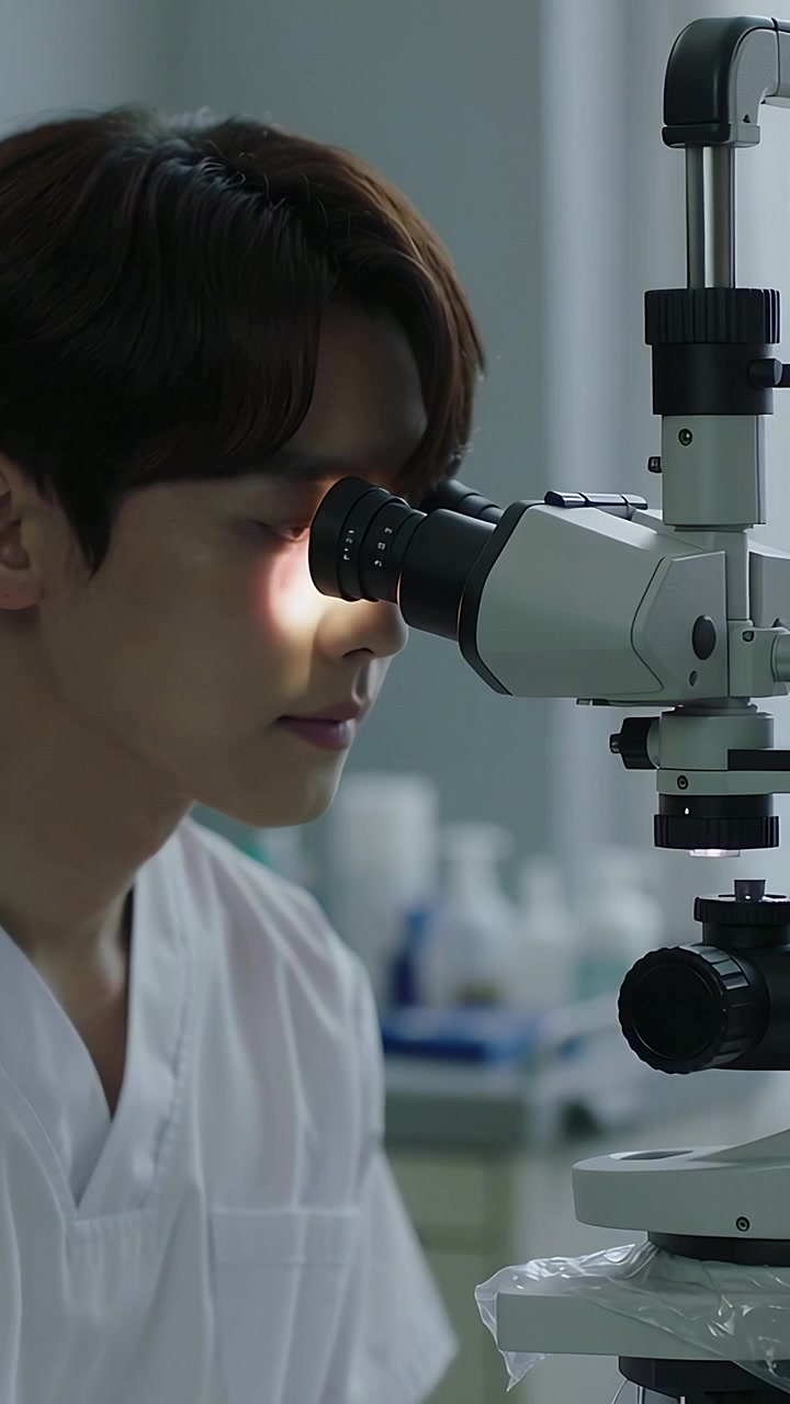 Vertical video: Illuminating bench tech in scrubs leaning aligning right eye with microscope in lab