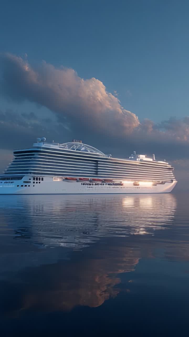 Un majestuoso crucero deslizándose suavemente sobre aguas tranquilas bajo un cielo escénico, capturando la esencia del lujo y la aventura en el mar