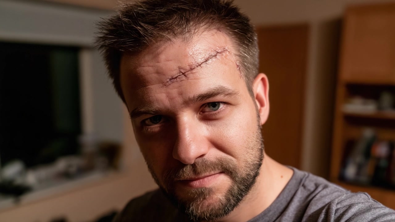 A Close-Up Portrait of a Man with a Prominent Scar on His Forehead, Captured in a Warmly Lit Interior, Showing Expression and Resilience