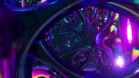 flying through an abstract alien structure illuminated by neon lights. modern ultraviolet lighting. 3d animation of seamless loop