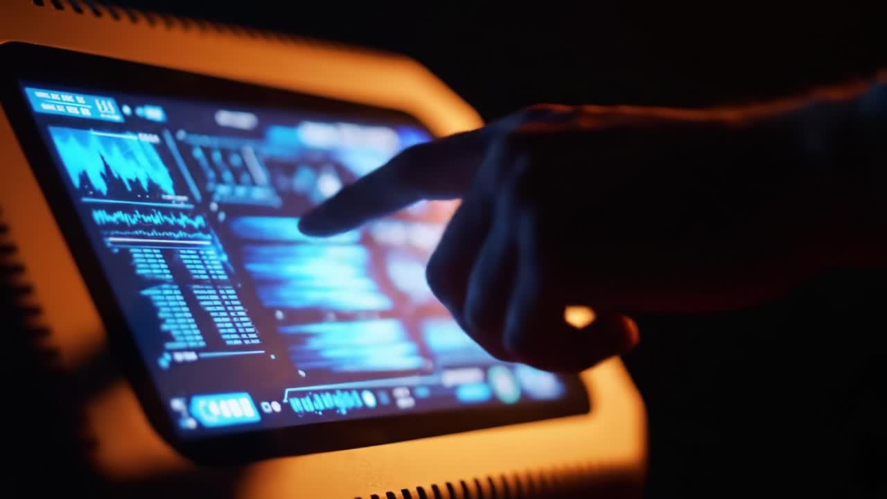 An individual interacts with a modern digital touchscreen interface displaying complex data visualization and graphical information in a low-light environment