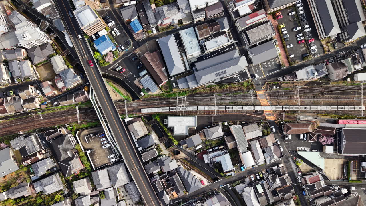 Aerial drone view of the Arashiyama district in Kyoto Japan in daylight