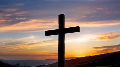 silhouette of a cross standing on a hill against a stunning sunset, creating a serene and spiritual atmosphere