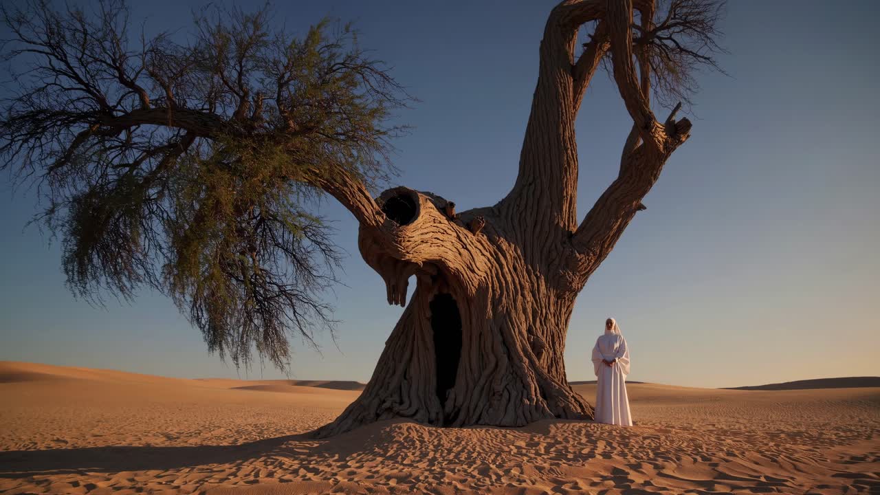 Majestic ancient tree stands in vast desert landscape, with a figure in white robe observing its unique features, capturing the essence of nature's beauty and solitude