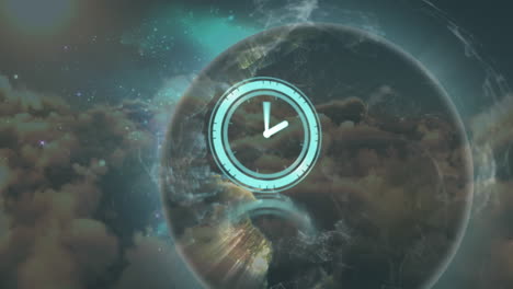 animación de reloj en movimiento, red de conexiones y globo sobre el cielo