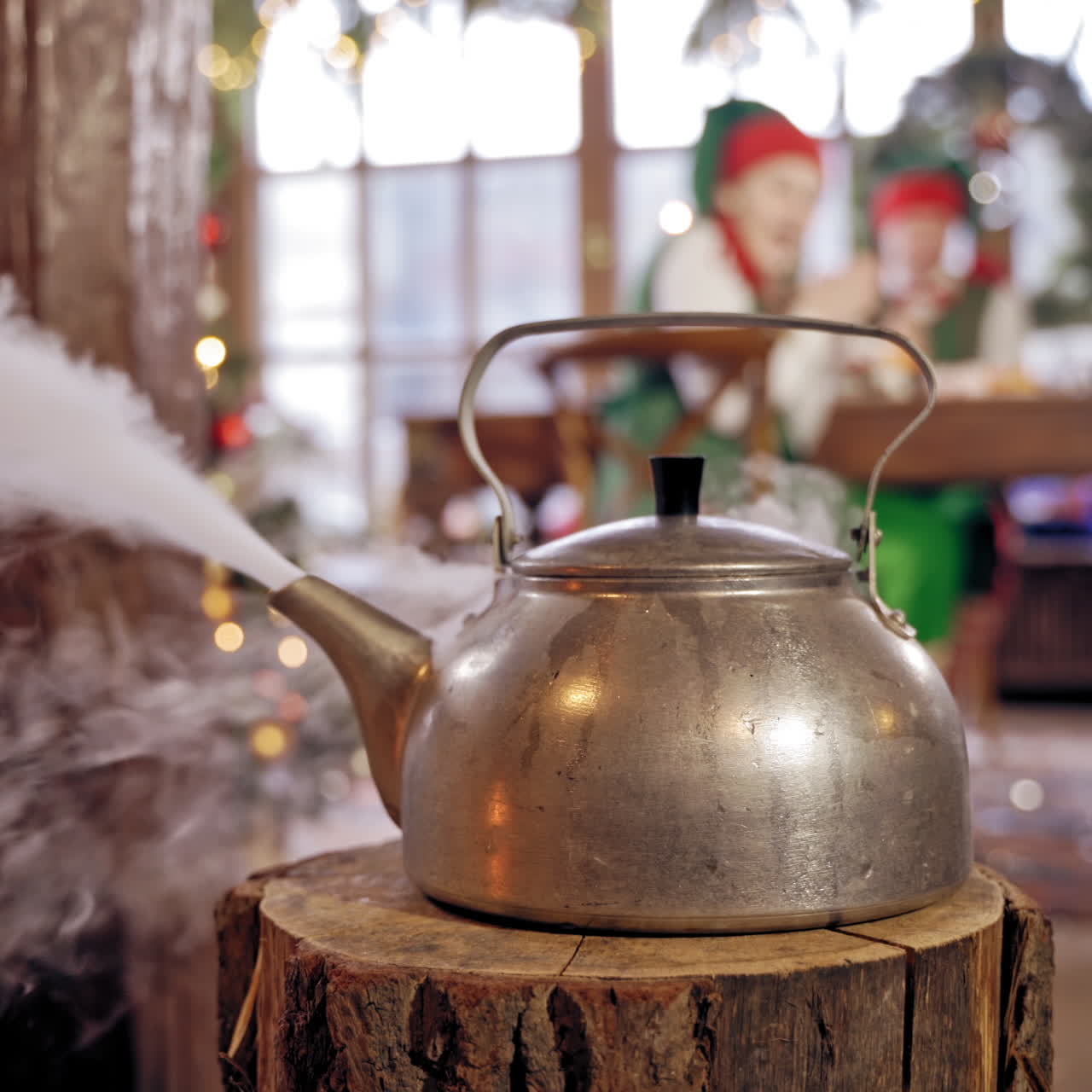 Boiling kettle in the room on blurred Christmas background. Hot kettle with boiled water and white steam on wooden log.