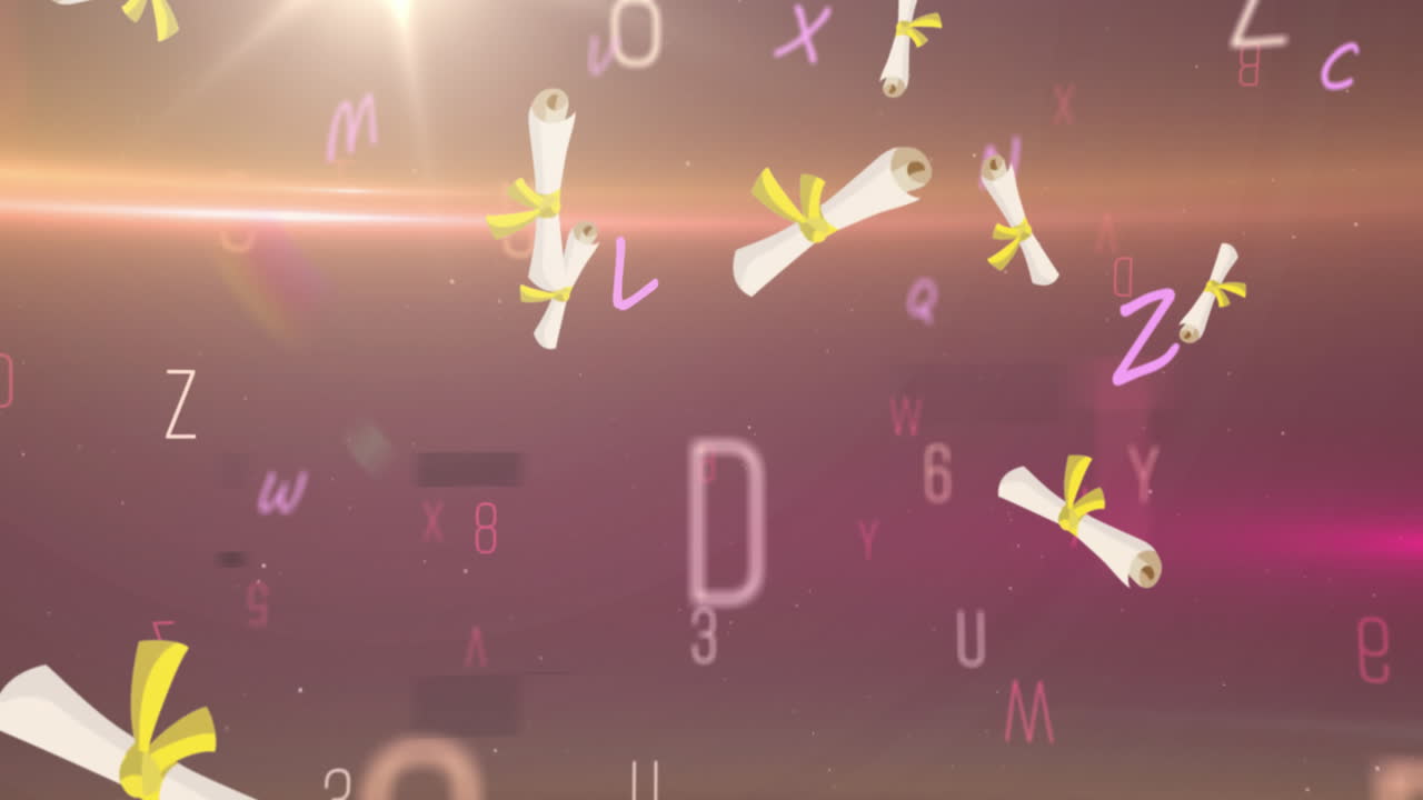 다중 디플로마 학위의 디지털 애니메이션이 보라색 배경에 빛의 반점에 떨어집니다.