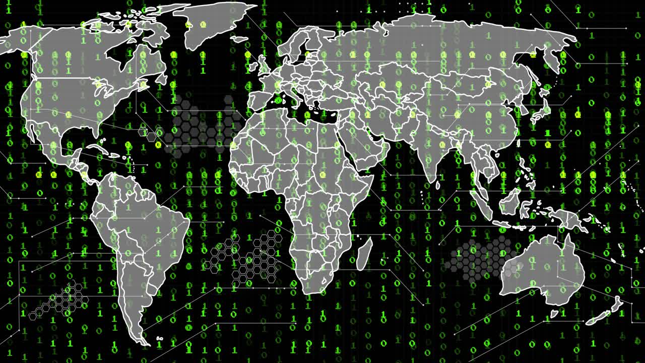 Binary clusters appearing on white map outline cascading code streams representing connectivity
