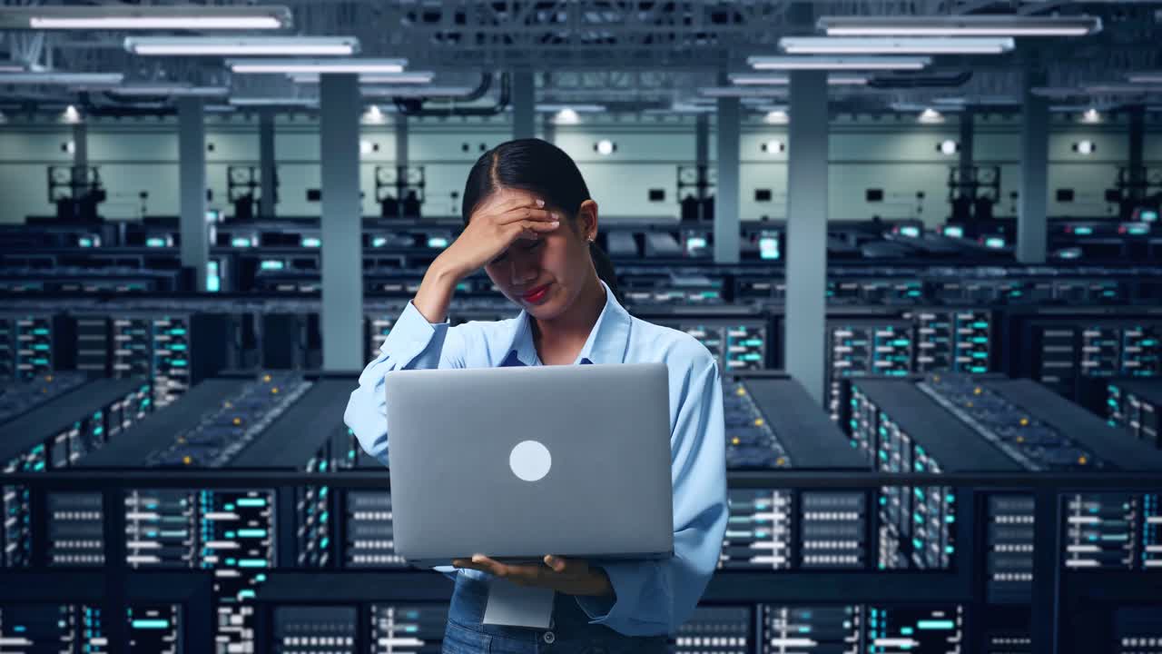 Woman in Server Room with Laptop Stressed