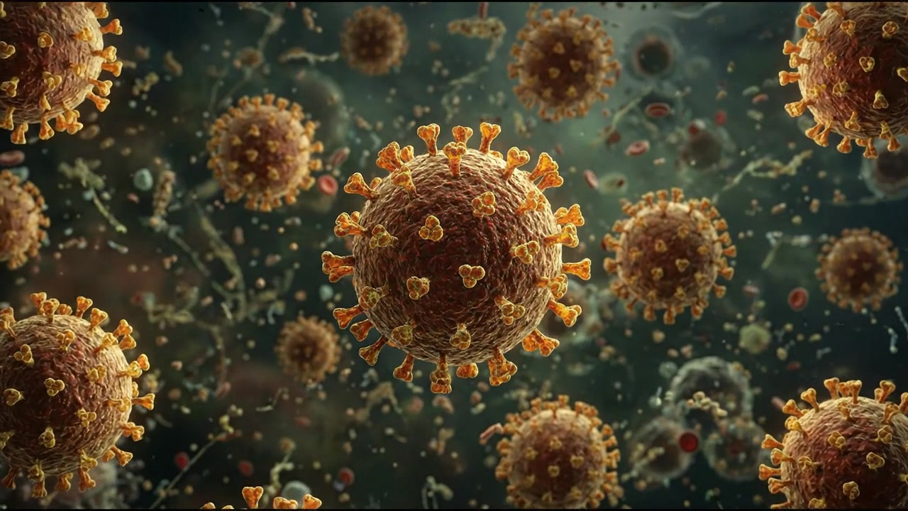 Microscopic 3D render of viral cells with yellow spike proteins floating in organism