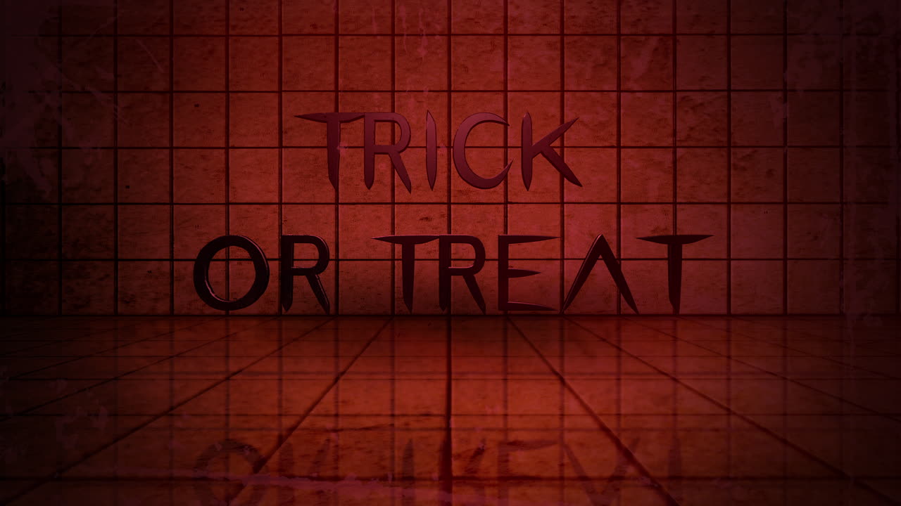 truco o trato en la pared roja en la habitación sucia del subterráneo