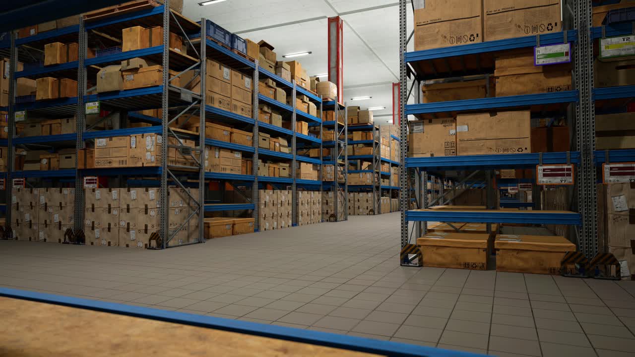 Industrial Warehouse Filled With Storage Boxes Labeled For Shipment, Distribution Center Storing Cargo For Import Export Industry