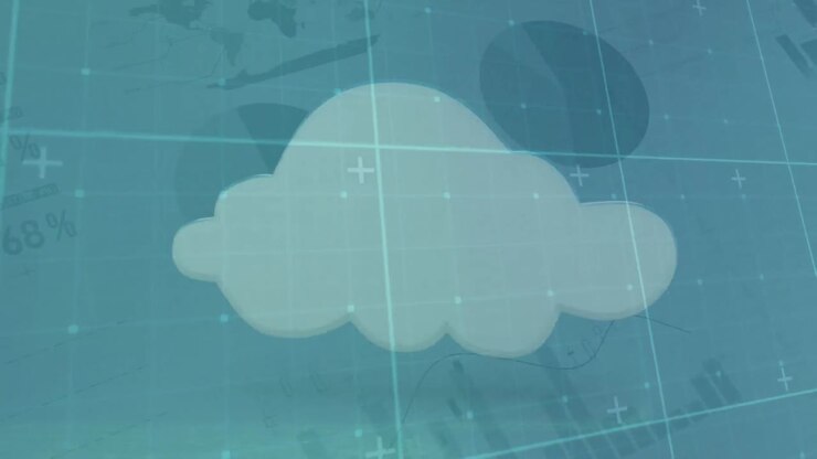 Animation of statistics with cloud over caucasian man underwater swimming in pool