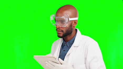 Test-tablet,-black-man-or-green-screen-scientist