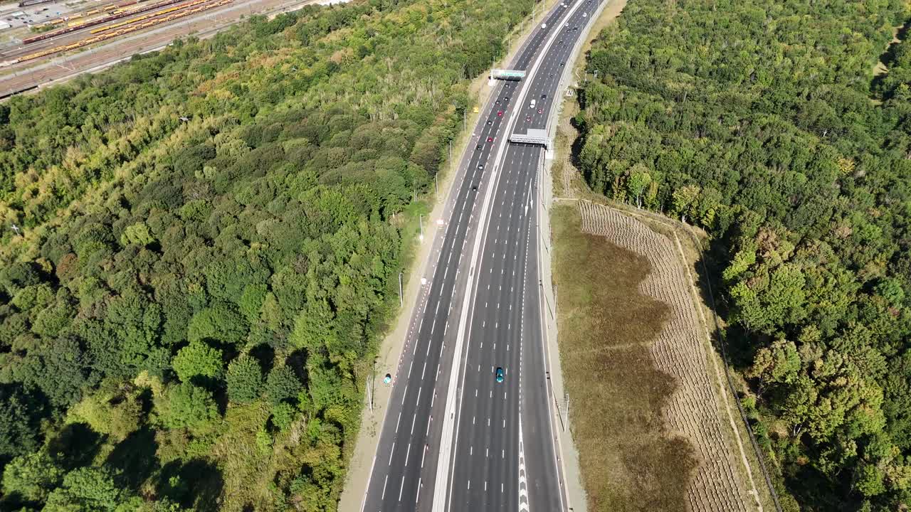 Drone Aerial View of British Motorway in Gateshead, North East England with Traffic Flow