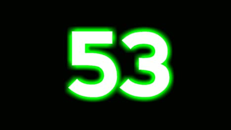 neon number 53 fifty three sign symbol modern animation motion graphics flicking on black background,green color glowing and shining for video elements