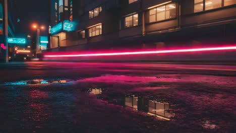 night city street with puddles and neon lights