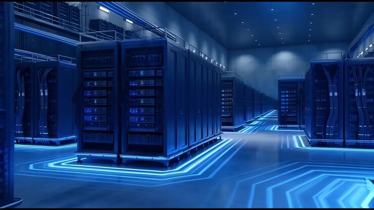 Modern Data Center Server Room with Glowing Blue Floor Lights